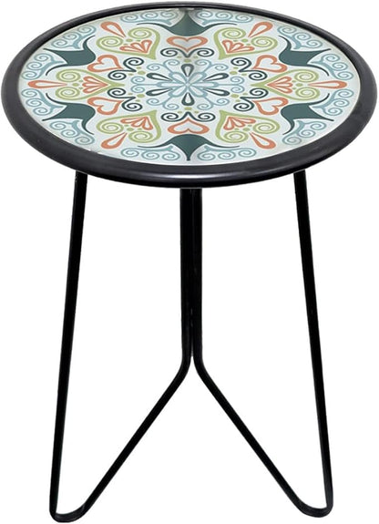 Liffy 12-Inch Round Patio Side Table – Decorative Glass Top Metal Outdoor Accent Table & Plant Stand for Garden, Balcony, Living Room & Bedroom