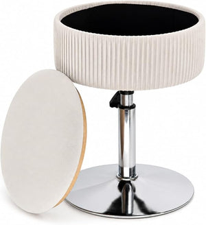 Adjustable Storage Vanity Stool – 360° Swivel White Makeup Chair with Hidden Storage & Velvet Round Ottoman Design