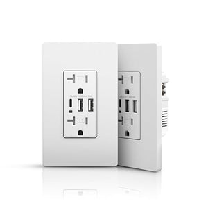 JUNLIT 20A USB-C Wall Outlet 2-Pack – 30W 6A Tamper-Resistant Duplex Receptacles with 3 USB Charging Ports & Screwless Wall Plates