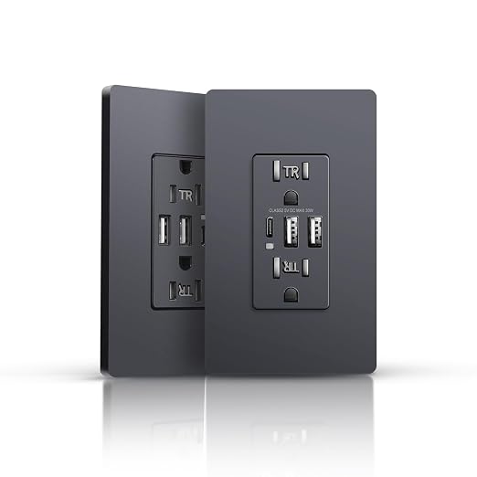 JUNLIT 20A USB-C Wall Outlet 2-Pack – 30W 6A Tamper-Resistant Duplex Receptacles with 3 USB Charging Ports & Screwless Wall Plates