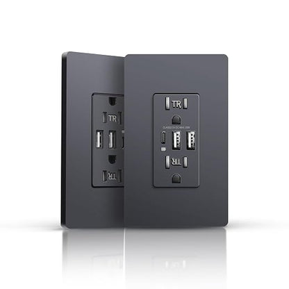 JUNLIT 20A USB-C Wall Outlet 2-Pack – 30W 6A Tamper-Resistant Duplex Receptacles with 3 USB Charging Ports & Screwless Wall Plates