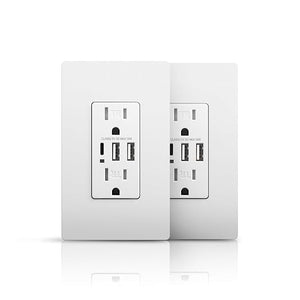 JUNLIT 15A USB-C Wall Outlet – 30W 3-Port USB Charging Tamper-Resistant Duplex Receptacles with Wall Plates