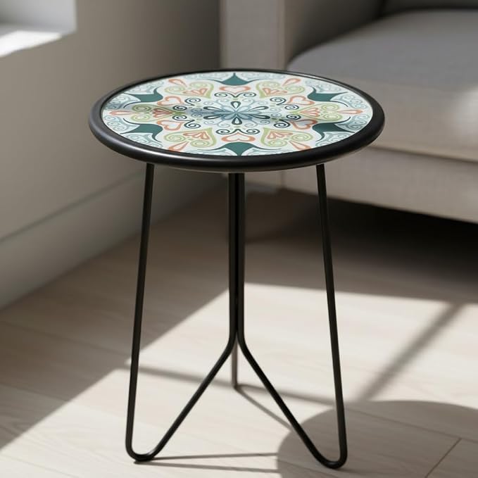 Liffy 12-Inch Round Patio Side Table – Decorative Glass Top Metal Outdoor Accent Table & Plant Stand for Garden, Balcony, Living Room & Bedroom