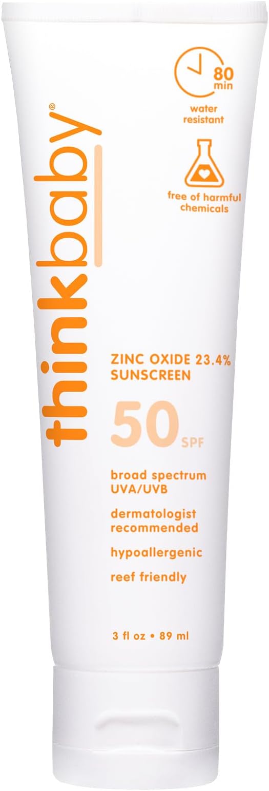 Thinkbaby Safe Mineral Sunscreen SPF 50+ – Broad Spectrum UVA/UVB Protection, Water Resistant, Reef Friendly Sunscreen for Babies, Kids & Sensitive Skin, 3 oz