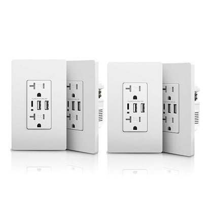 JUNLIT 15A USB-C Wall Outlet – 30W 3-Port USB Charging Tamper-Resistant Duplex Receptacles with Wall Plates