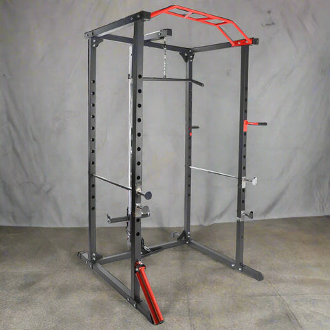 Heavy-duty gym power rack with LAT pulldown and weight plate storage
Squat cage with adjustable J-hooks and multi-grip pull-up bar
LAT pulldown attachment and cable system on power rack
Full side view of squat rack setup for home gym use
Rear view of power cage showing plate storage and cable attachment
