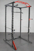 Heavy-duty gym power rack with LAT pulldown and weight plate storage
Squat cage with adjustable J-hooks and multi-grip pull-up bar
LAT pulldown attachment and cable system on power rack
Full side view of squat rack setup for home gym use
Rear view of power cage showing plate storage and cable attachment