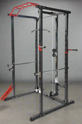 Heavy-duty gym power rack with LAT pulldown and weight plate storage
Squat cage with adjustable J-hooks and multi-grip pull-up bar
LAT pulldown attachment and cable system on power rack
Full side view of squat rack setup for home gym use
Rear view of power cage showing plate storage and cable attachment