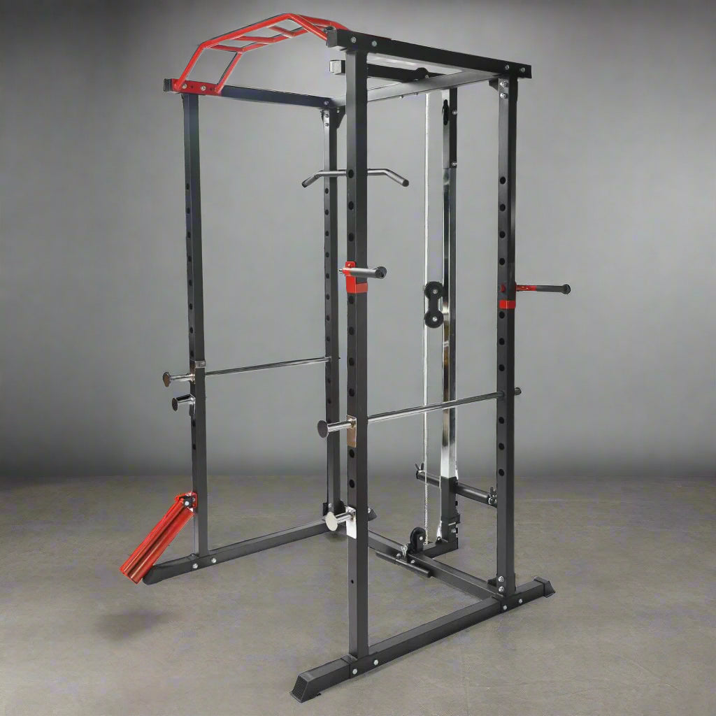 Heavy-duty gym power rack with LAT pulldown and weight plate storage
Squat cage with adjustable J-hooks and multi-grip pull-up bar
LAT pulldown attachment and cable system on power rack
Full side view of squat rack setup for home gym use
Rear view of power cage showing plate storage and cable attachment