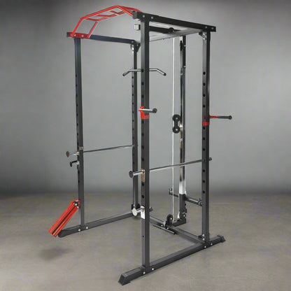 Heavy-duty gym power rack with LAT pulldown and weight plate storage
Squat cage with adjustable J-hooks and multi-grip pull-up bar
LAT pulldown attachment and cable system on power rack
Full side view of squat rack setup for home gym use
Rear view of power cage showing plate storage and cable attachment