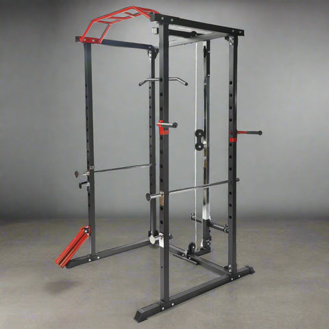 Heavy-duty gym power rack with LAT pulldown and weight plate storage
Squat cage with adjustable J-hooks and multi-grip pull-up bar
LAT pulldown attachment and cable system on power rack
Full side view of squat rack setup for home gym use
Rear view of power cage showing plate storage and cable attachment