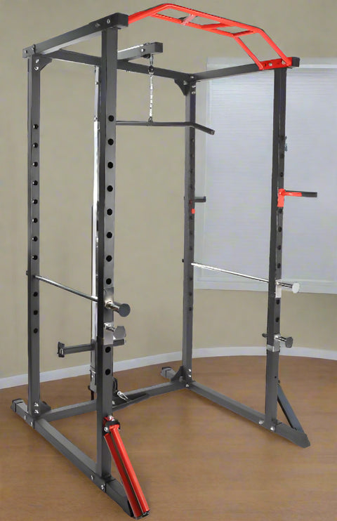 Heavy-duty gym power rack with LAT pulldown and weight plate storage
Squat cage with adjustable J-hooks and multi-grip pull-up bar
LAT pulldown attachment and cable system on power rack
Full side view of squat rack setup for home gym use
Rear view of power cage showing plate storage and cable attachment