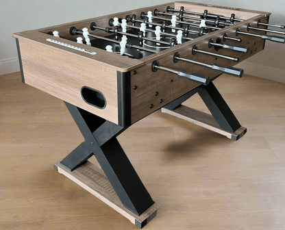54 Inch Excalibur Foosball Soccer Table with Driftwood Finish, X-Base Legs, and Ball Return – Model 126424 for Rustic Game Rooms