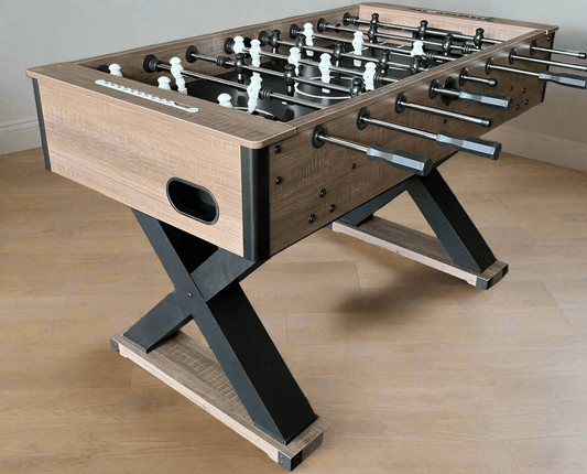 54 Inch Excalibur Foosball Soccer Table with Driftwood Finish, X-Base Legs, and Ball Return – Model 126424 for Rustic Game Rooms