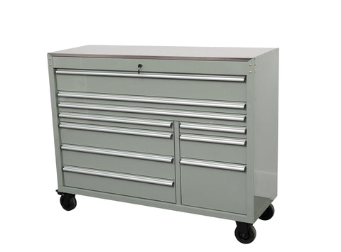 55" Siebel Tool Bench with Stainless Steel Top | 10 - Drawer Workstation - with Cement Gray | Sold by Uncle Wiener's Wholesale