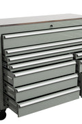 55" Siebel Tool Bench with Stainless Steel Top | 10 - Drawer Workstation - with Cement Gray | Sold by Uncle Wiener's Wholesale