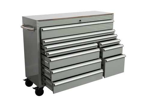 55" Siebel Tool Bench with Stainless Steel Top | 10 - Drawer Workstation - with Cement Gray | Sold by Uncle Wiener's Wholesale