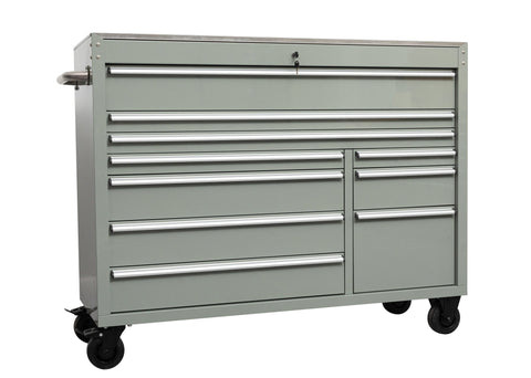 55" Siebel Tool Bench with Stainless Steel Top | 10 - Drawer Workstation - with Cement Gray | Sold by Uncle Wiener's Wholesale