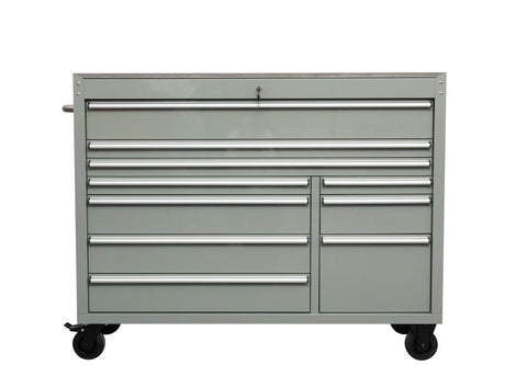 55" Siebel Tool Bench with Stainless Steel Top | 10 - Drawer Workstation - with Cement Gray | Sold by Uncle Wiener's Wholesale