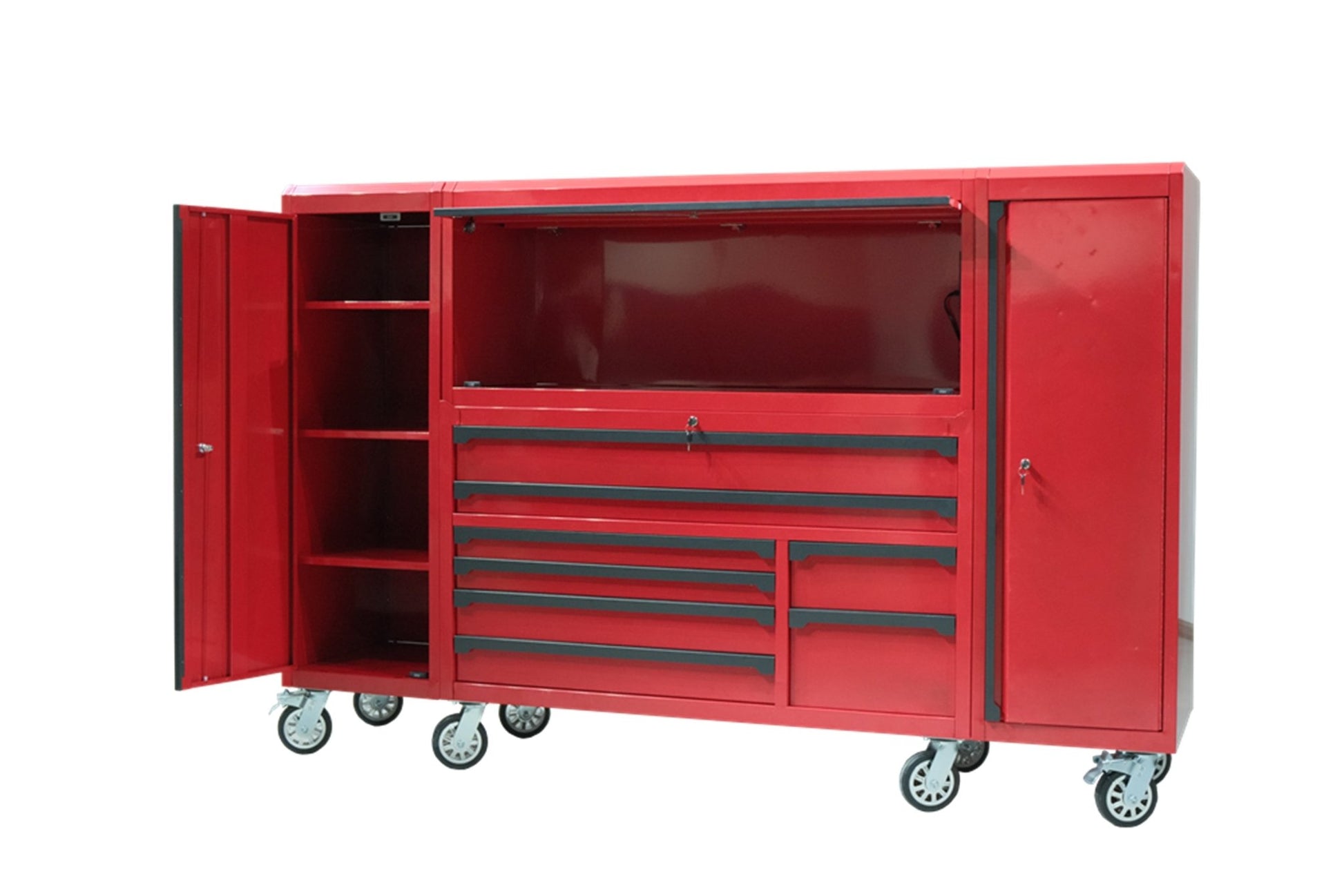 56" Rolling Tool Chest with Side Lockers & Power Strip – 8 Drawer Heavy Duty Steel Cabinet (Black / Desert Sand / Red) TBS6228 Series - with Desert Sand | Sold by Uncle Wiener's Wholesale