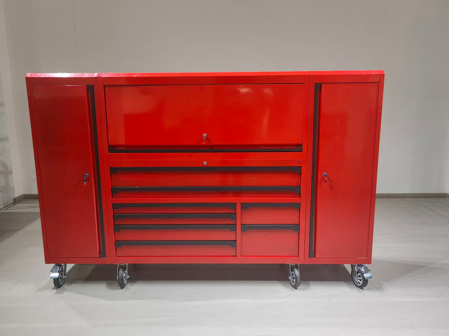 56" Rolling Tool Chest with Side Lockers & Power Strip – 8 Drawer Heavy Duty Steel Cabinet (Black / Desert Sand / Red) TBS6228 Series - with Black | Sold by Uncle Wiener's Wholesale