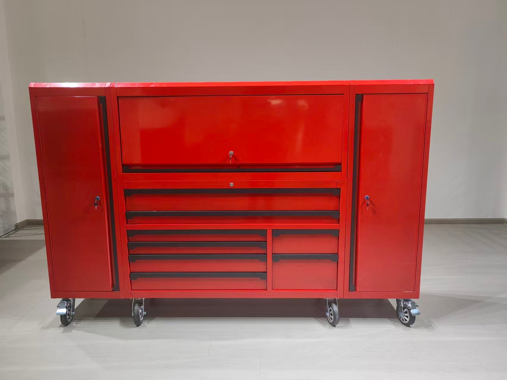 56" Rolling Tool Chest with Side Lockers & Power Strip – 8 Drawer Heavy Duty Steel Cabinet (Black / Desert Sand / Red) TBS6228 Series - with Black | Sold by Uncle Wiener's Wholesale