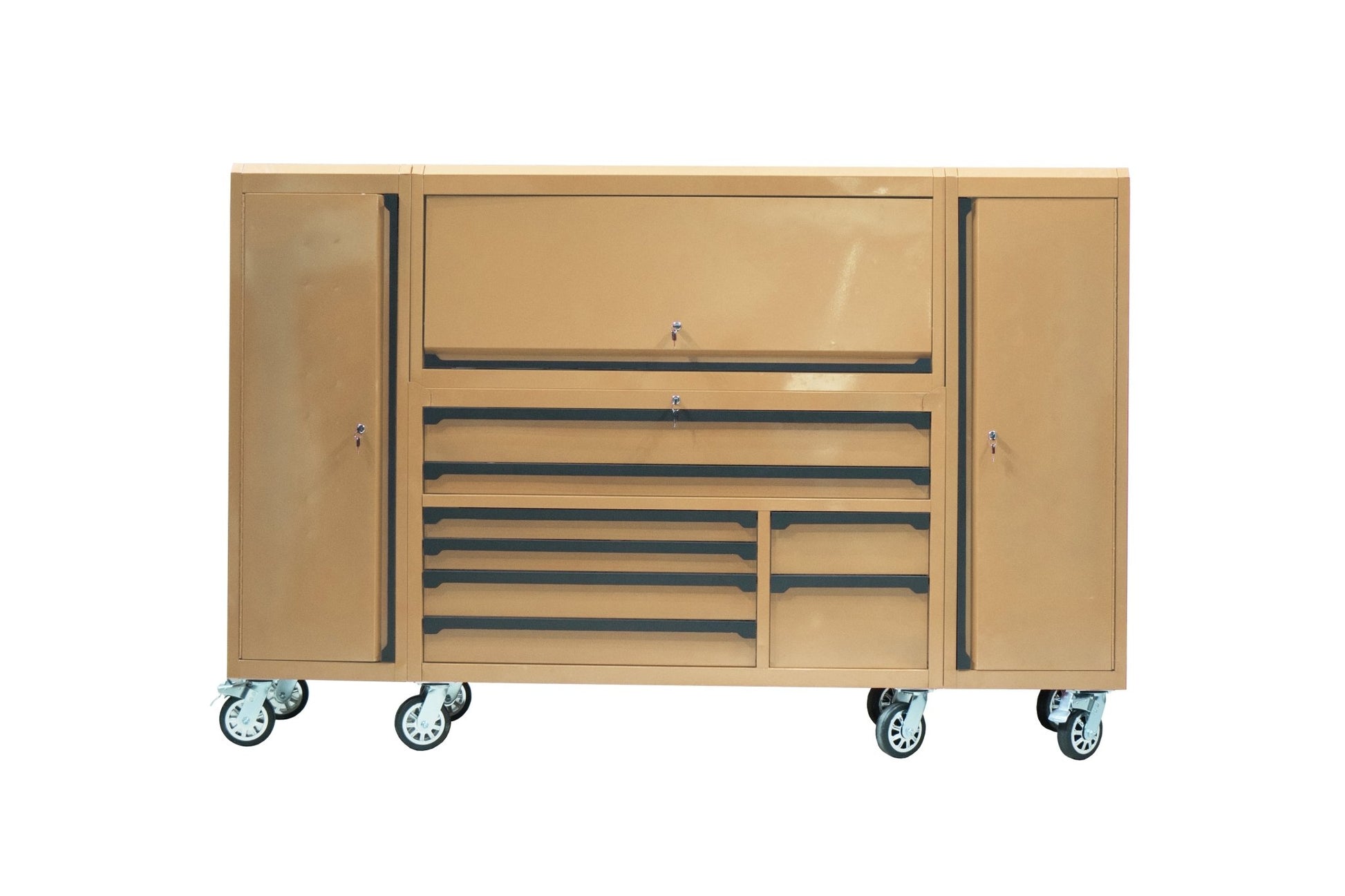 56" Rolling Tool Chest with Side Lockers & Power Strip – 8 Drawer Heavy Duty Steel Cabinet (Black / Desert Sand / Red) TBS6228 Series - with Desert Sand | Sold by Uncle Wiener's Wholesale