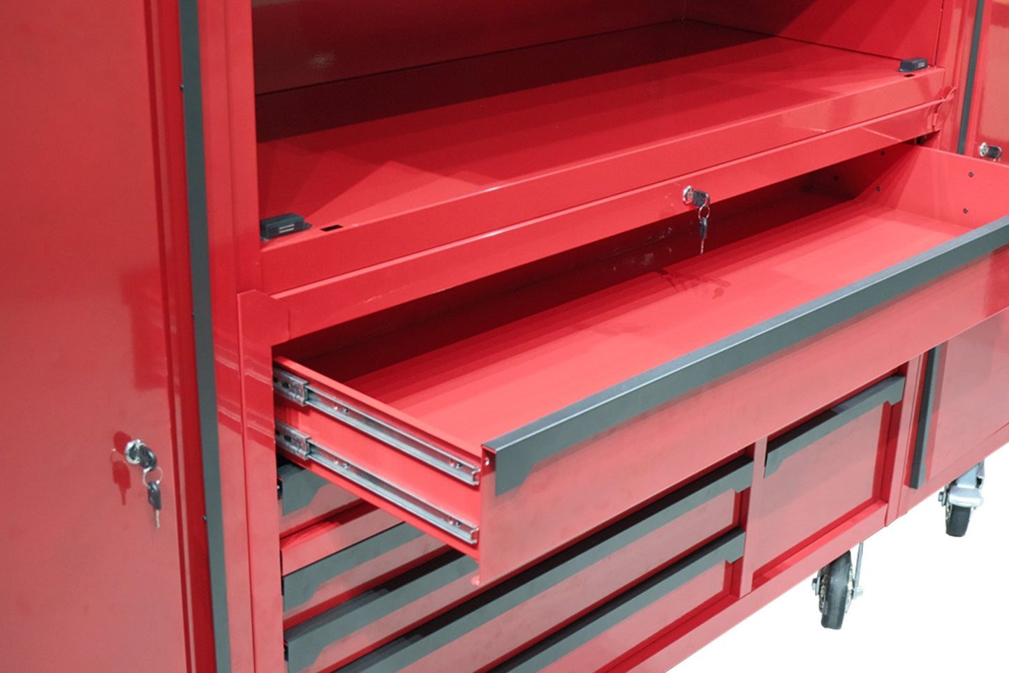 56" Rolling Tool Chest with Side Lockers & Power Strip – 8 Drawer Heavy Duty Steel Cabinet (Black / Desert Sand / Red) TBS6228 Series - with Desert Sand | Sold by Uncle Wiener's Wholesale