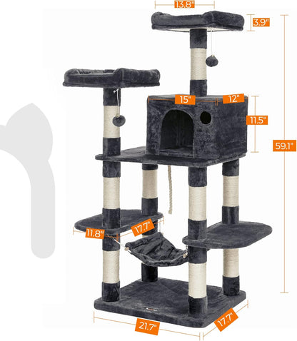 59 Inch Cat Tree Condo with Hammock, Cat Cave, Scratching Posts and Perches, Multi-Level Cat Activity Tower for Indoor Cats Smoky Gray PCT85G - with | Sold by Uncle Wiener's Wholesale