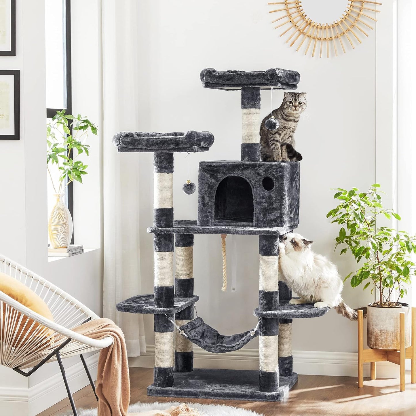 59 Inch Cat Tree Condo with Hammock, Cat Cave, Scratching Posts and Perches, Multi-Level Cat Activity Tower for Indoor Cats Smoky Gray PCT85G - with | Sold by Uncle Wiener's Wholesale