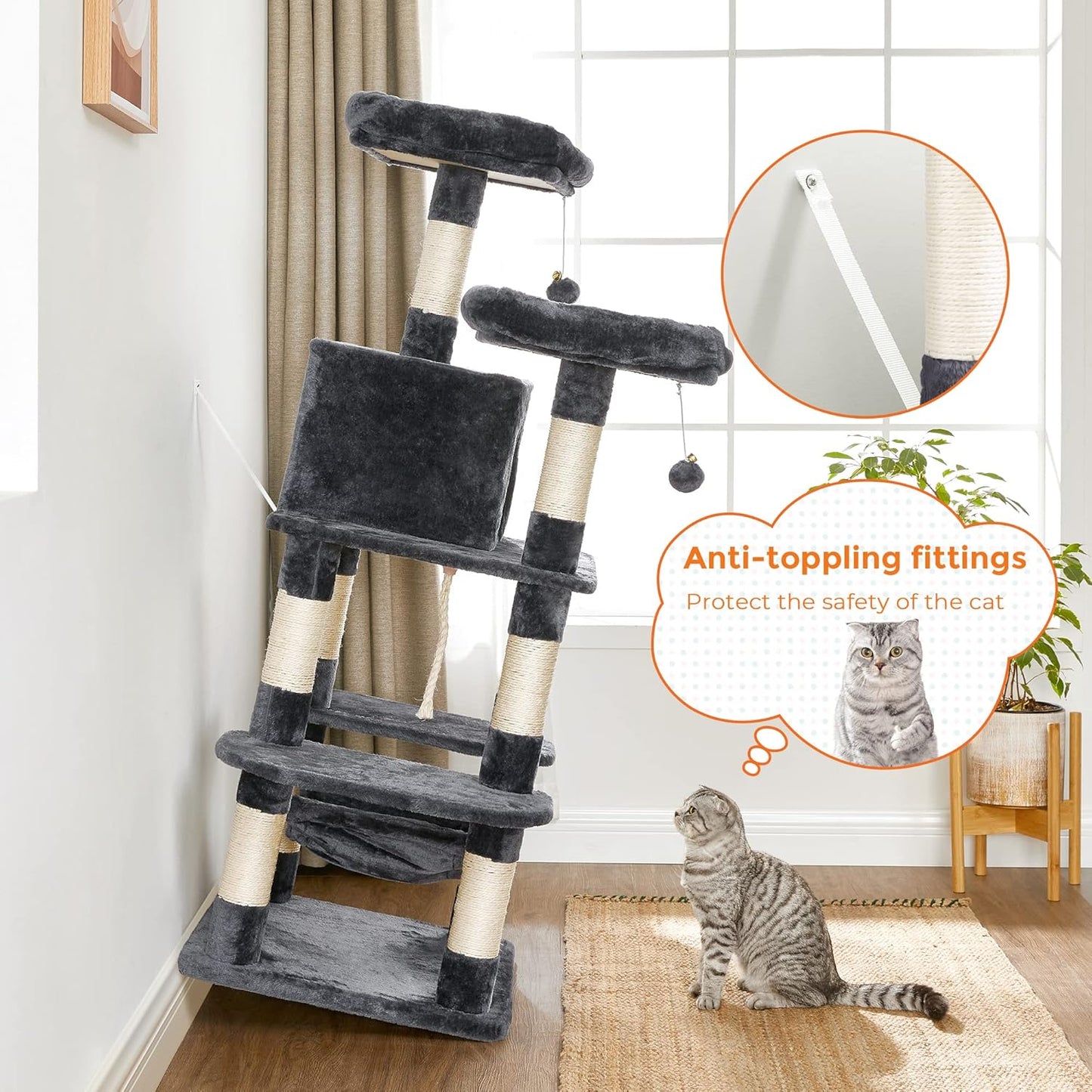 59 Inch Cat Tree Condo with Hammock, Cat Cave, Scratching Posts and Perches, Multi-Level Cat Activity Tower for Indoor Cats Smoky Gray PCT85G - with | Sold by Uncle Wiener's Wholesale