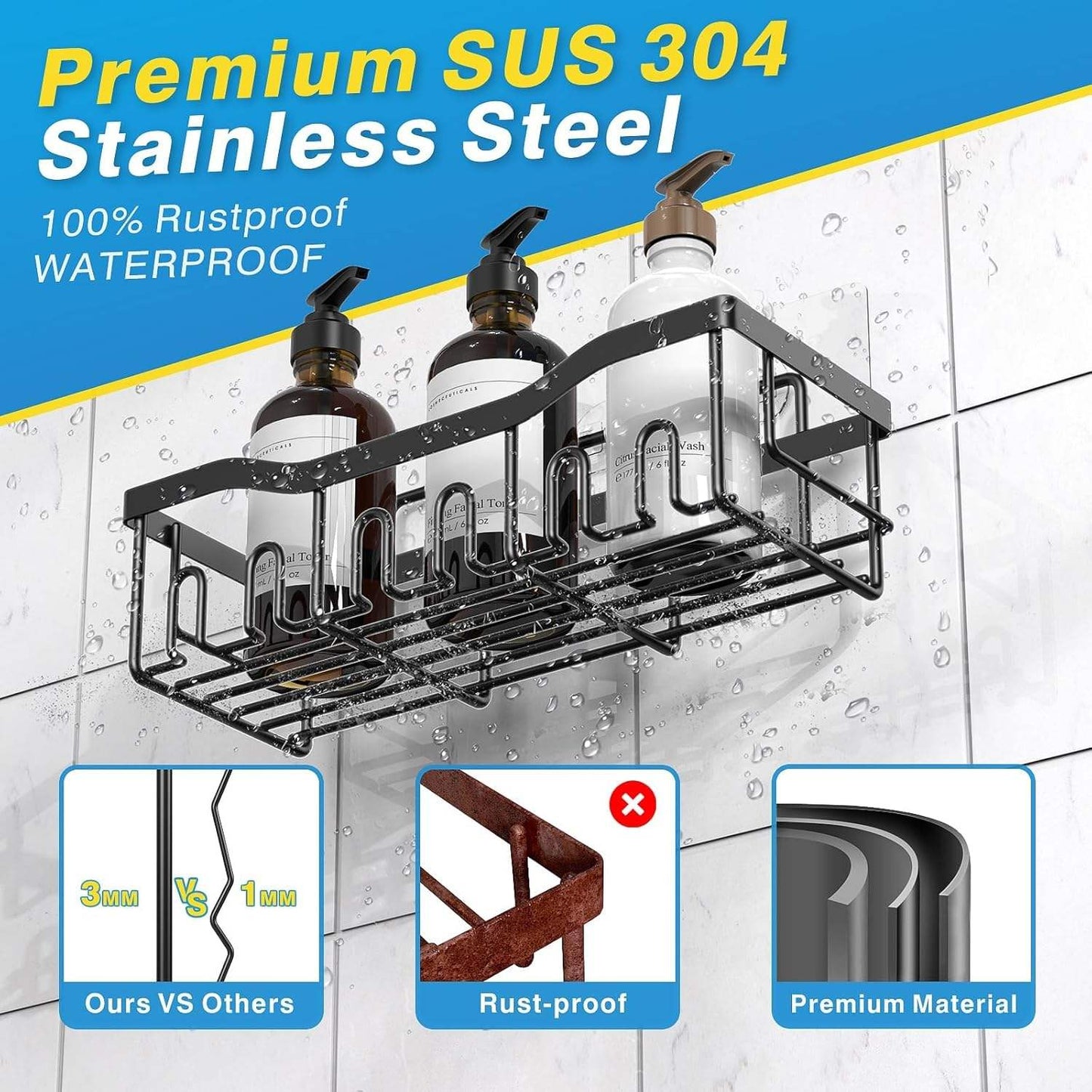 5PCS Stainless Steel Shower Caddy Organizer Set Adhesive No Drill Bathroom Storage Rack ZJHL088 - with | Sold by Uncle Wiener's Wholesale