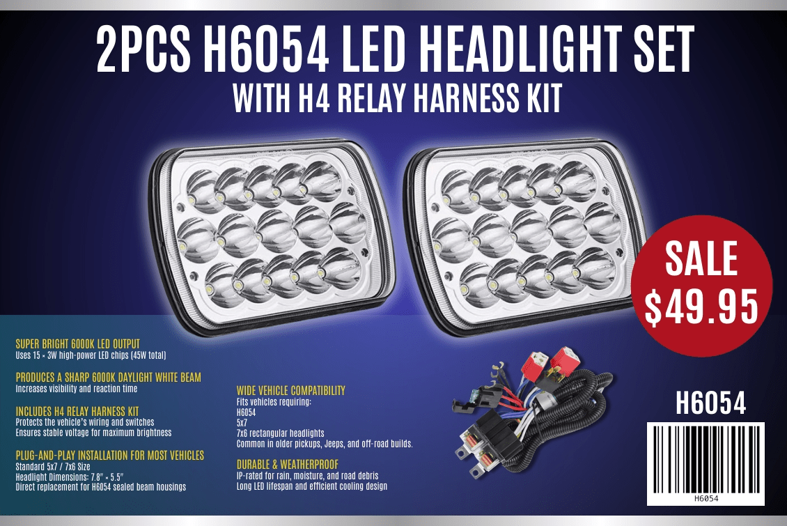 5x7 LED Headlight Set H6054 with H4 Relay Harness Kit 6000K High Power 45W Replacement Pair H6054 - with | Sold by Uncle Wiener's Wholesale