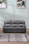 3-piece recliner set – Nubuck air leather in black

Reclining loveseat and chair with padded arms

Reclining living room furniture set – gray

Close-up of faux leather texture on modern recliner

Full living room setup featuring 3 recliner pieces