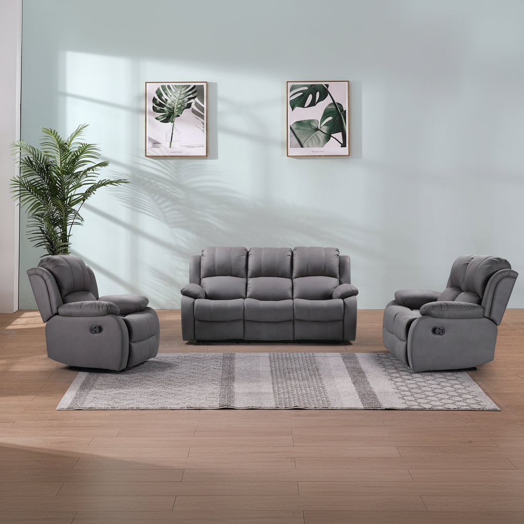 3-piece recliner set – Nubuck air leather in black

Reclining loveseat and chair with padded arms

Reclining living room furniture set – gray

Close-up of faux leather texture on modern recliner

Full living room setup featuring 3 recliner pieces