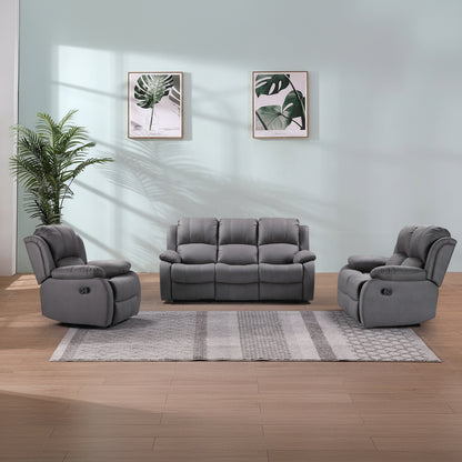 3-piece recliner set – Nubuck air leather in black

Reclining loveseat and chair with padded arms

Reclining living room furniture set – gray

Close-up of faux leather texture on modern recliner

Full living room setup featuring 3 recliner pieces