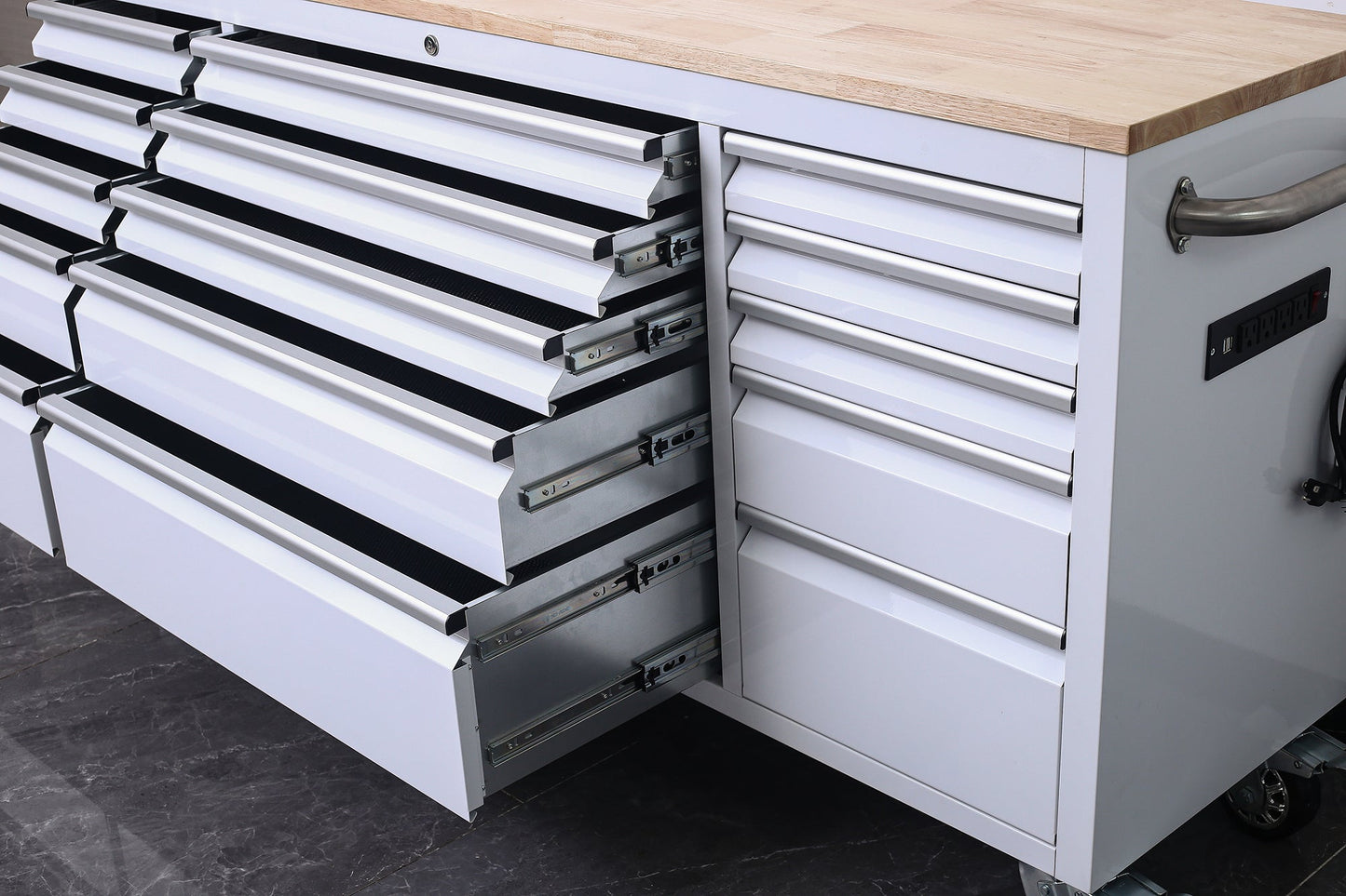 6 FT 15 - Drawer Rolling Tool Workbench with Power Outlets & USB Ports – Heavy - Duty Steel Storage Cabinet - Tool Benches & Workstations with White | Sold by Uncle Wiener's Wholesale