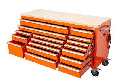 6 FT 17 - Drawer Fatboy Tool Workbench – Heavy - Duty Rolling Bench with Power & USB Ports | Multiple Colors Available - with Orange | Sold by Uncle Wiener's Wholesale