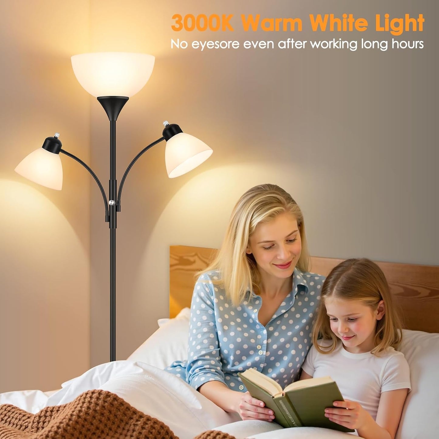 6 Ft Dimmable Torchiere Floor Lamp with Dual Reading Lights Black Tall Standing Lamp L7241 - with | Sold by Uncle Wiener's Wholesale