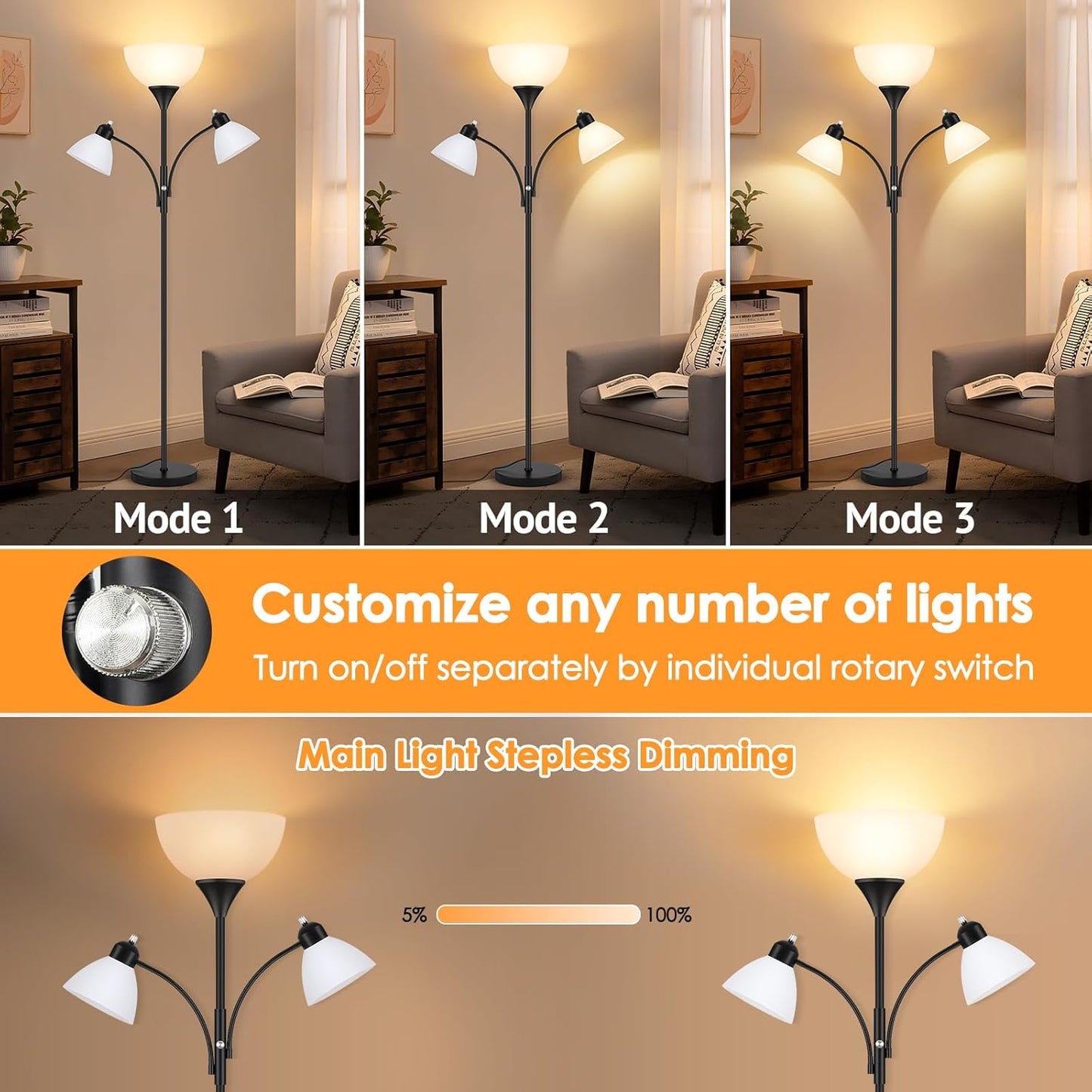 6 Ft Dimmable Torchiere Floor Lamp with Dual Reading Lights Black Tall Standing Lamp L7241 - with | Sold by Uncle Wiener's Wholesale