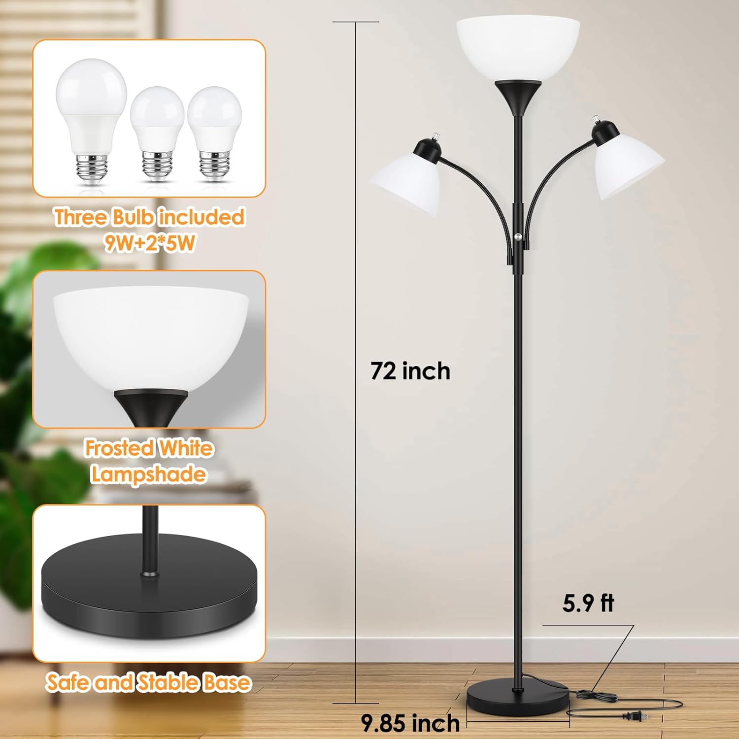 6 Ft Dimmable Torchiere Floor Lamp with Dual Reading Lights Black Tall Standing Lamp L7241 - with | Sold by Uncle Wiener's Wholesale