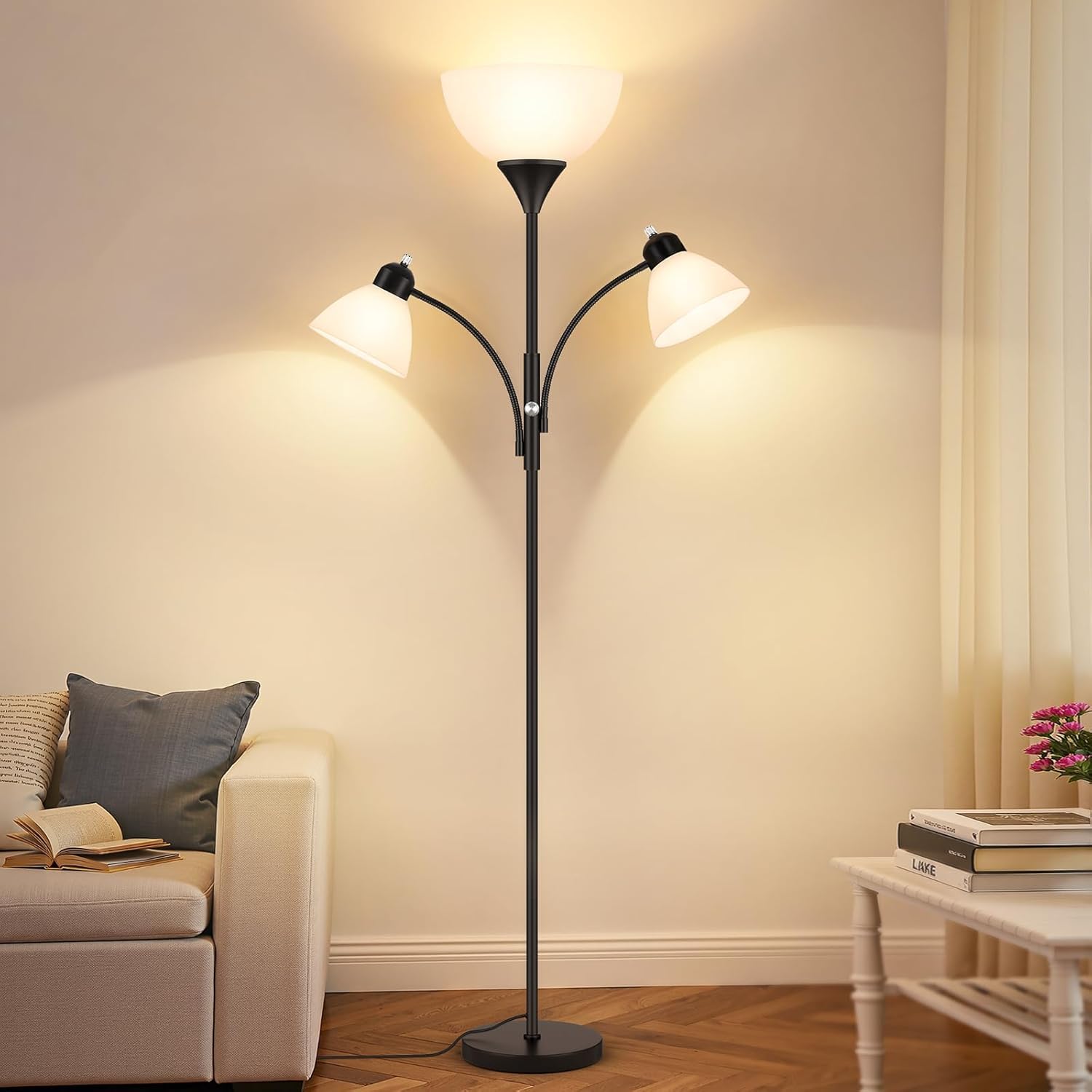 6 Ft Dimmable Torchiere Floor Lamp with Dual Reading Lights Black Tall Standing Lamp L7241 - with | Sold by Uncle Wiener's Wholesale