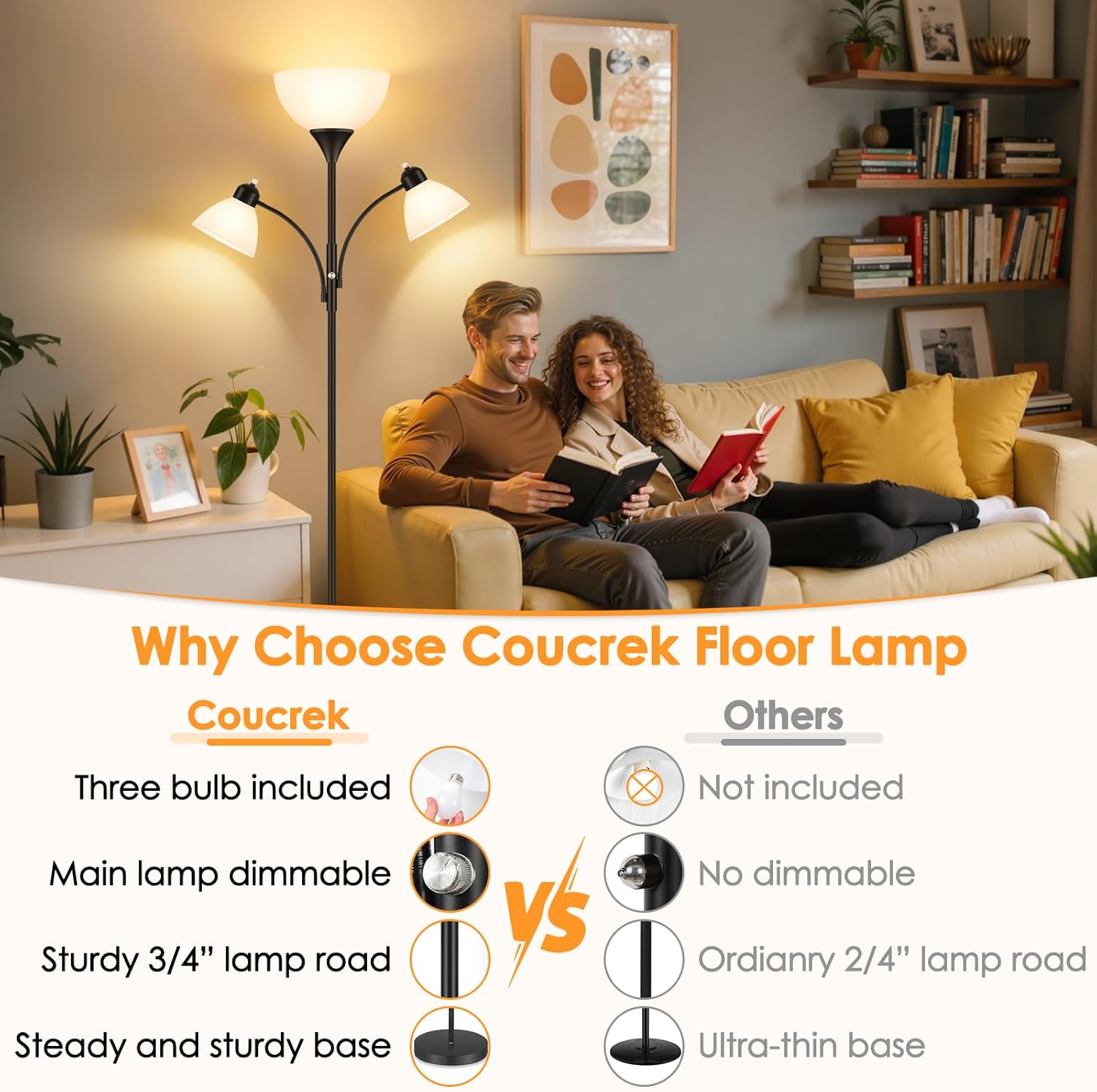 6 Ft Dimmable Torchiere Floor Lamp with Dual Reading Lights Black Tall Standing Lamp L7241 - with | Sold by Uncle Wiener's Wholesale