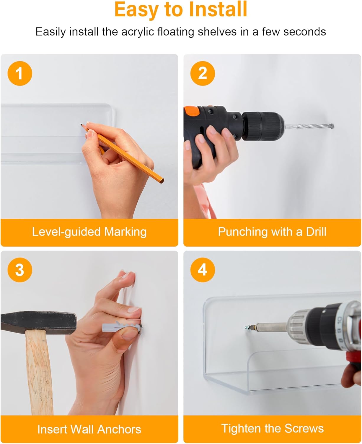 6 - Pack Clear Acrylic Floating Wall Shelves – 15" Invisible Display Storage Racks for Bathroom, Kitchen, Bedroom (Model: B0D5LZ1G42) - with | Sold by Uncle Wiener's Wholesale