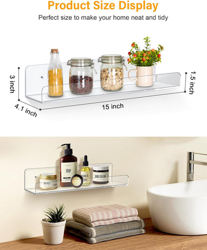 6 - Pack Clear Acrylic Floating Wall Shelves – 15" Invisible Display Storage Racks for Bathroom, Kitchen, Bedroom (Model: B0D5LZ1G42) - with | Sold by Uncle Wiener's Wholesale