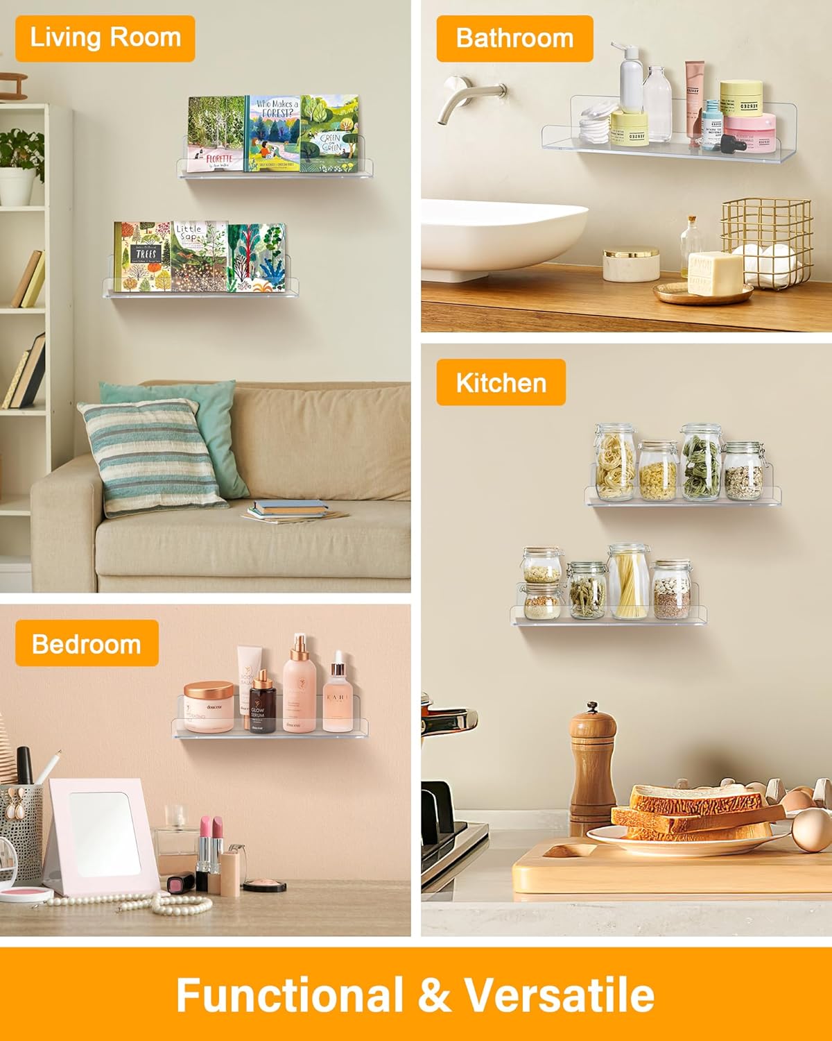 6 - Pack Clear Acrylic Floating Wall Shelves – 15" Invisible Display Storage Racks for Bathroom, Kitchen, Bedroom (Model: B0D5LZ1G42) - with | Sold by Uncle Wiener's Wholesale