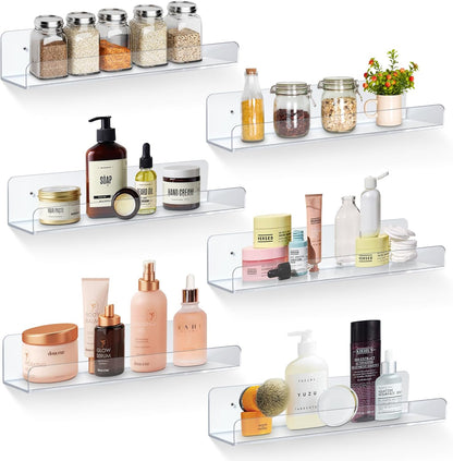 6 - Pack Clear Acrylic Floating Wall Shelves – 15" Invisible Display Storage Racks for Bathroom, Kitchen, Bedroom (Model: B0D5LZ1G42) - with | Sold by Uncle Wiener's Wholesale
