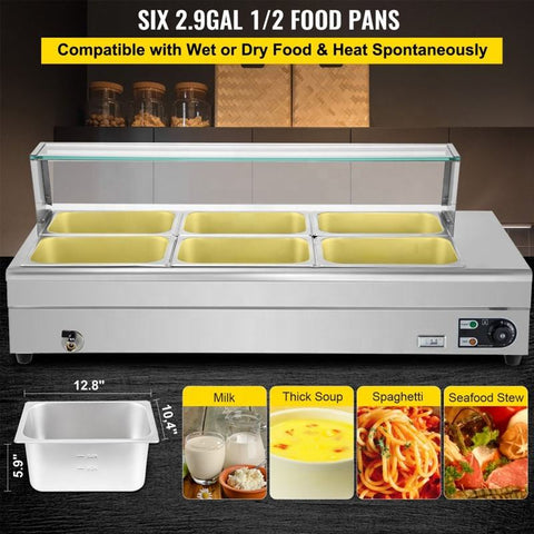 6 - Pan Electric Bain Marie Food Warmer – Stainless Steel Commercial Buffet Steam Table S1298 - with | Sold by Uncle Wiener's Wholesale