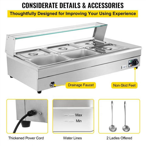 6 - Pan Electric Bain Marie Food Warmer – Stainless Steel Commercial Buffet Steam Table S1298 - with | Sold by Uncle Wiener's Wholesale