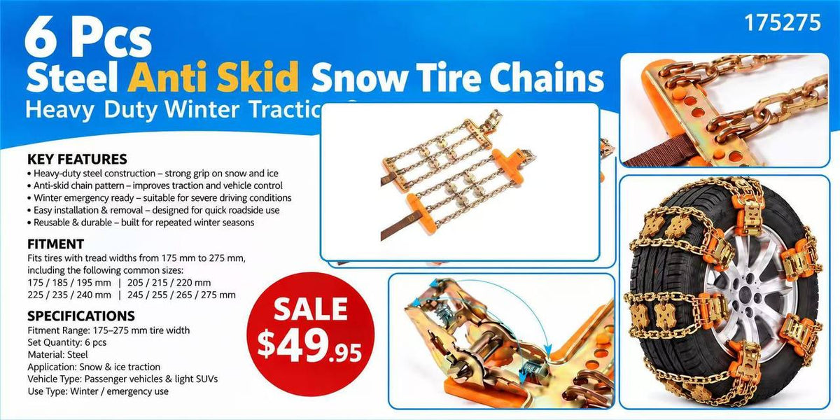6 Pcs Set Steel Anti Skid Snow Tire Chains Heavy Duty Winter Traction Set 175275 - with | Sold by Uncle Wiener's Wholesale